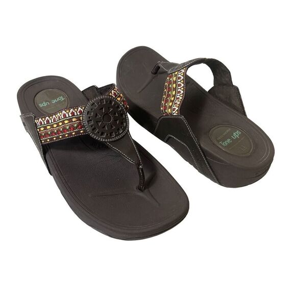 Skechers Tone-ups Wedge Flip Flop Womens 11 Brown Multicolor Woven Thong Sandals - Picture 1 of 11